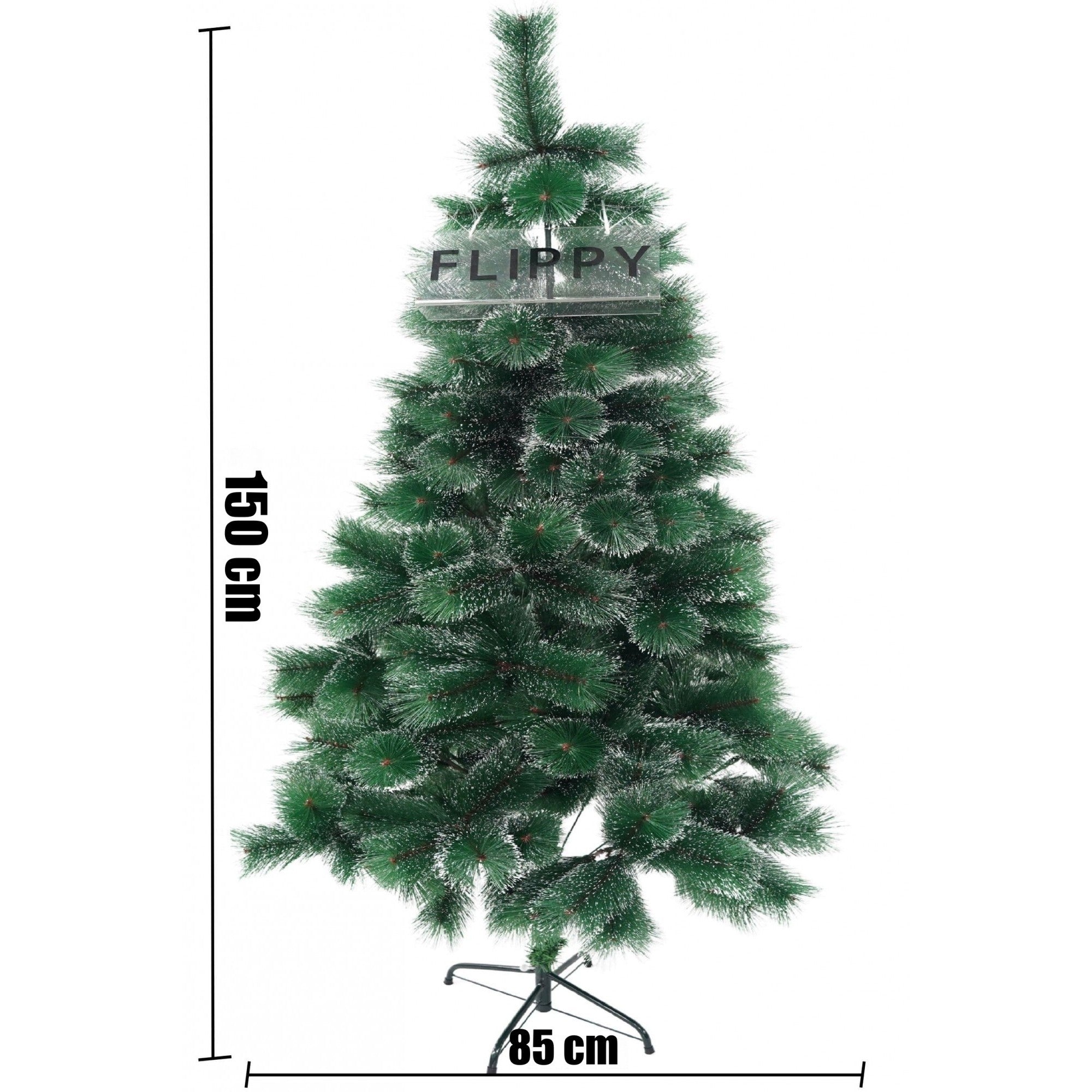 Brad artificial de Craciun tip pin inzapezit, inaltime 150 cm, diametru 85 cm, 160 ramuri cu ace 3D 12 cm, Kadeny, verde cu varfuri ninse, suport metalic inclus