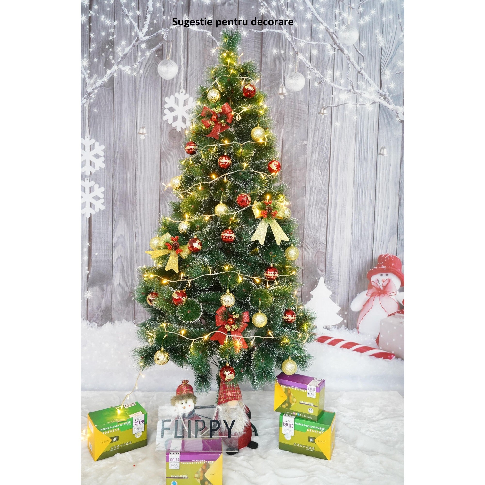 Brad artificial de Craciun tip pin inzapezit, inaltime 180 cm, diametru 105 cm, 260 ramuri cu ace 3D 12 cm, Kadeny, verde cu varfuri ninse, suport metalic inclus