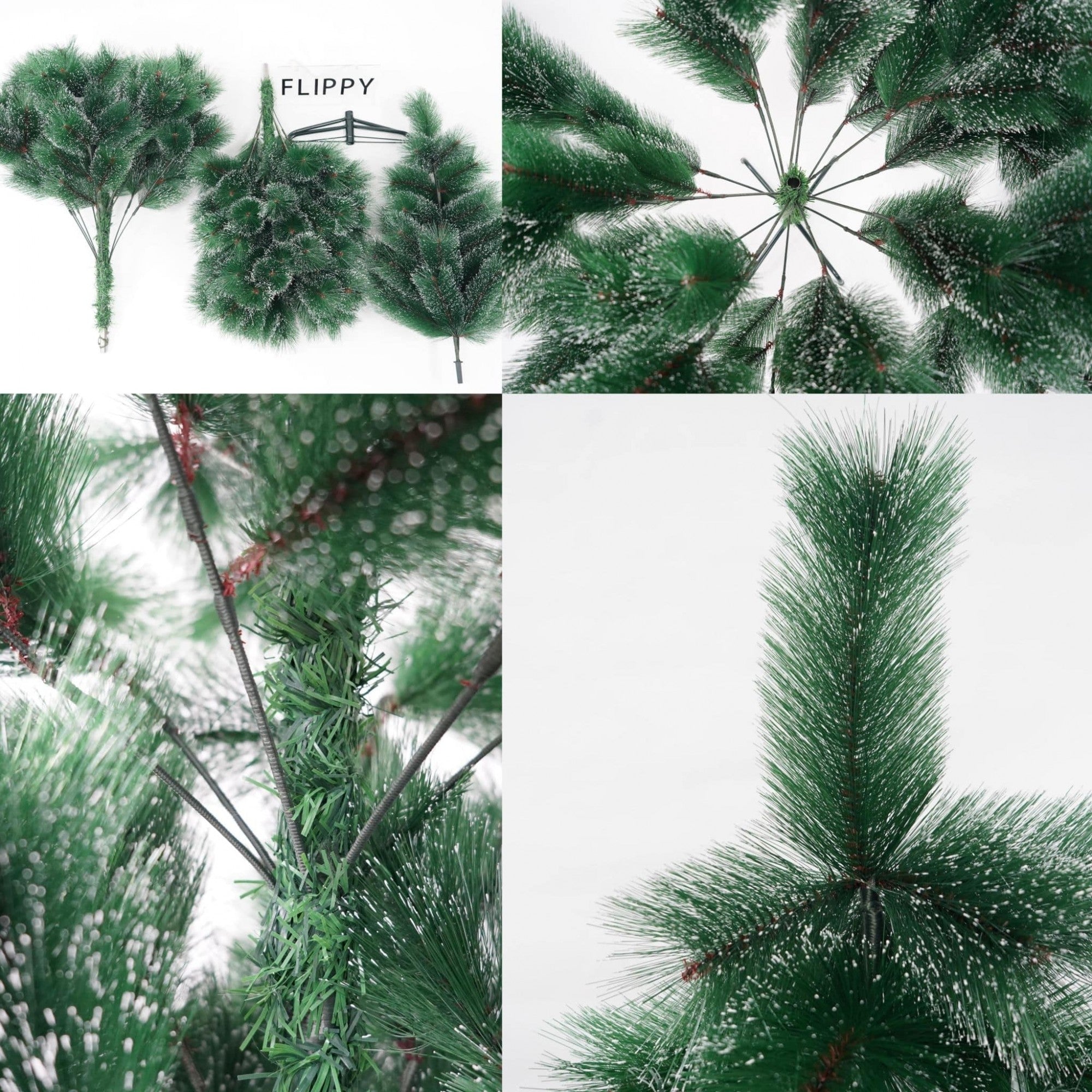 Brad artificial de Craciun tip pin inzapezit, inaltime 180 cm, diametru 105 cm, 260 ramuri cu ace 3D 12 cm, Kadeny, verde cu varfuri ninse, suport metalic inclus