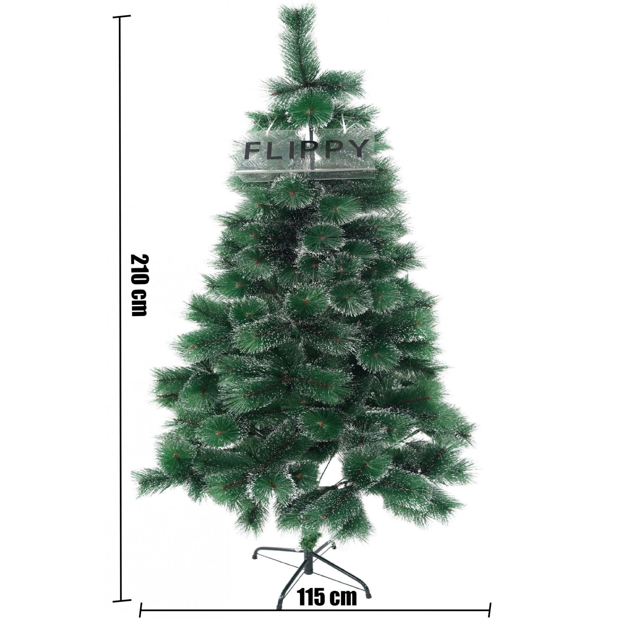 Brad artificial de Craciun tip pin inzapezit, inaltime 210 cm, diametru 115 cm, 350 ramuri cu ace 3D 12 cm, Kadeny, verde cu varfuri ninse, suport metalic inclus