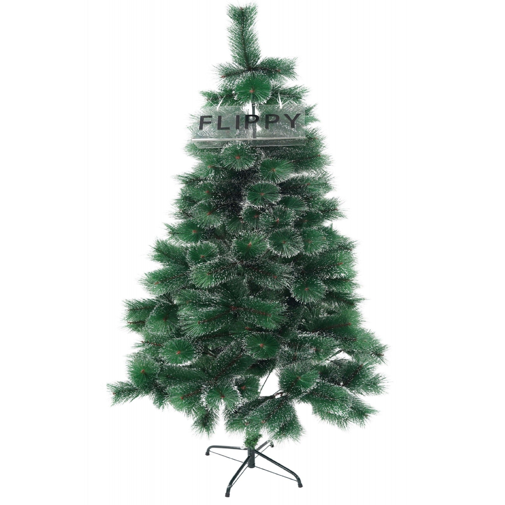 Brad artificial de Craciun tip pin inzapezit, inaltime 210 cm, diametru 115 cm, 350 ramuri cu ace 3D 12 cm, Kadeny, verde cu varfuri ninse, suport metalic inclus