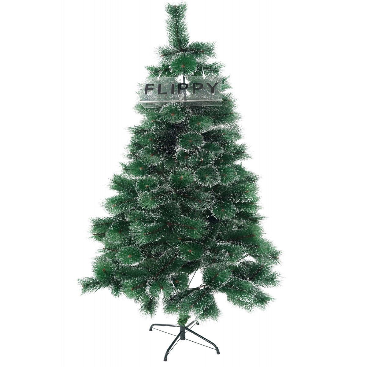 Brad artificial de Craciun tip pin inzapezit, inaltime 210 cm, diametru 115 cm, 350 ramuri cu ace 3D 12 cm, Kadeny, verde cu varfuri ninse, suport metalic inclus