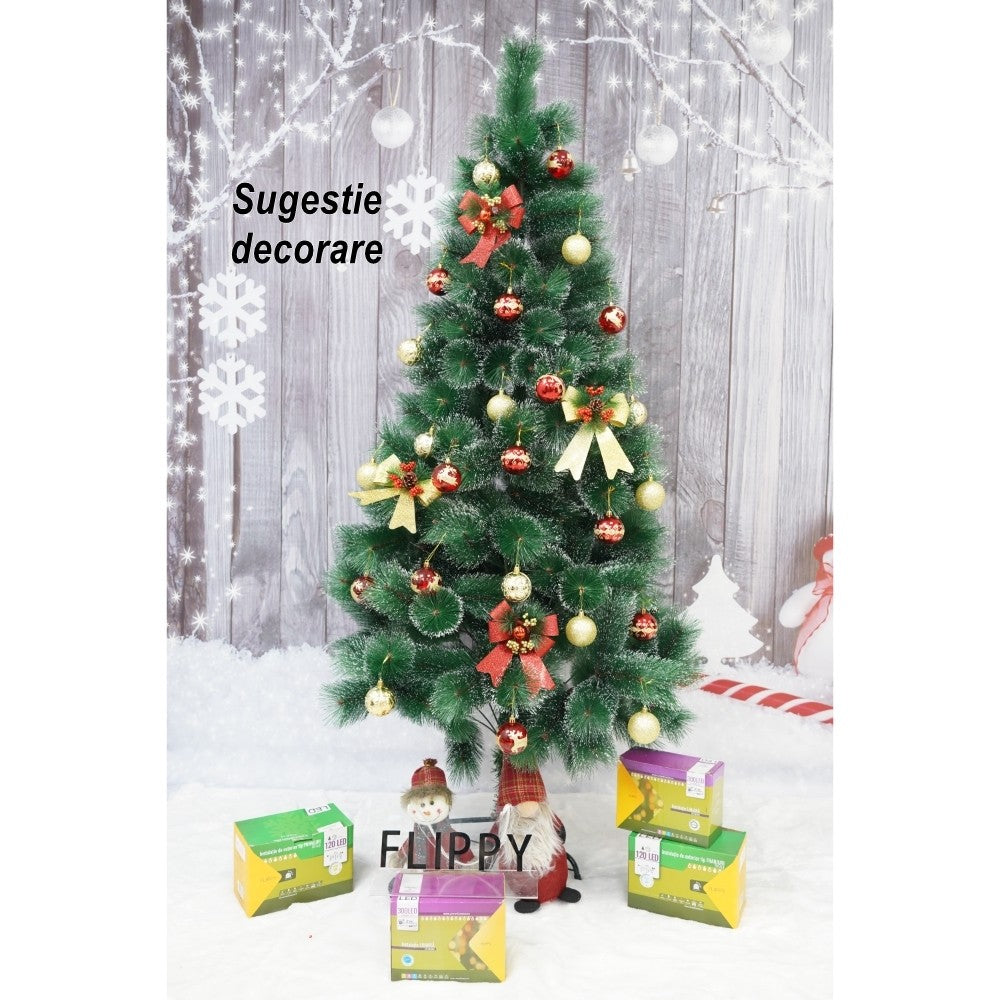 Brad artificial de Craciun tip pin nins, pentru interior/exterior, inaltime 120 cm, Kadeny, verde, suport metalic inclus