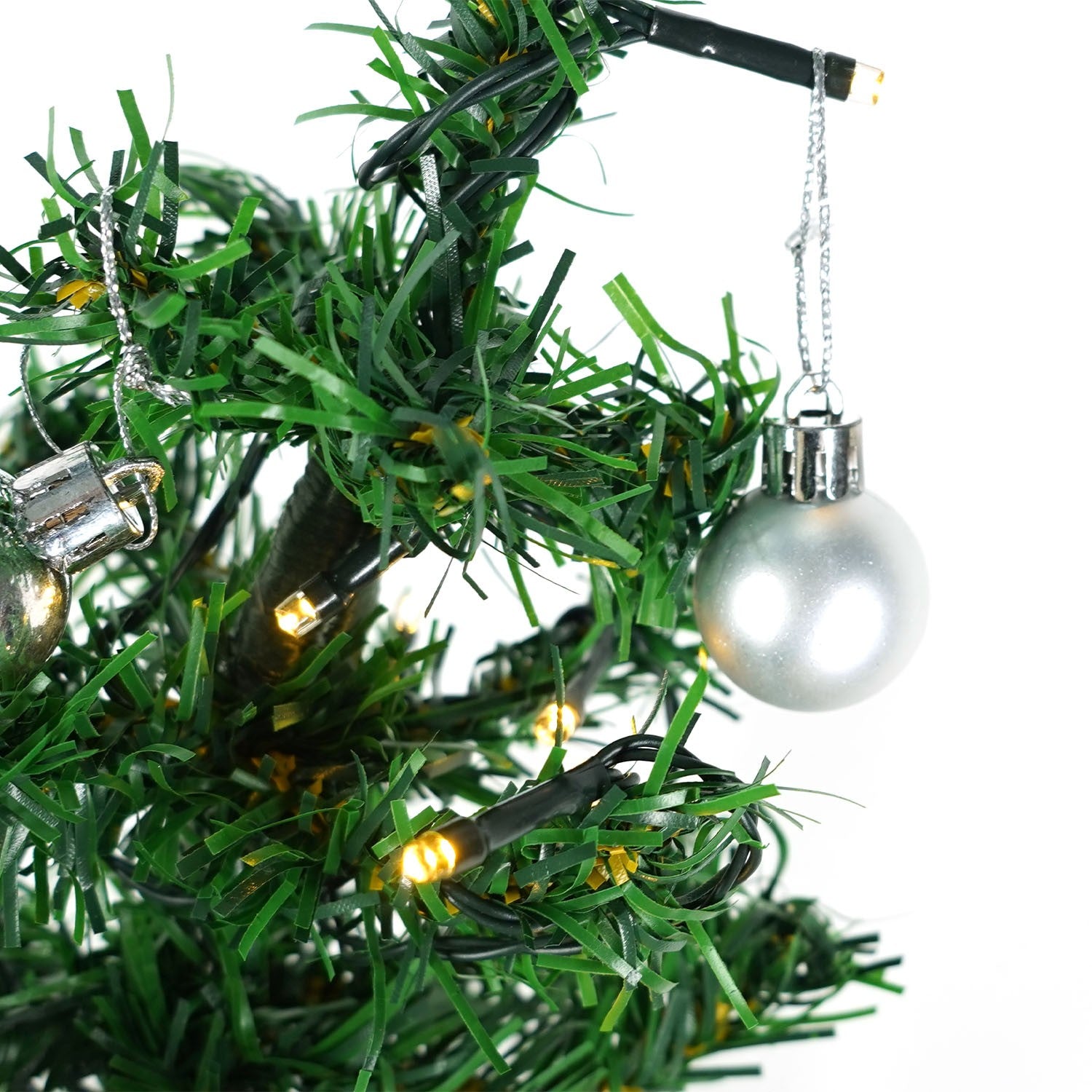 Brad Artificial Impodobit, 60 cm, suport plastic cu instalatie luminoasa 20 LED alb cald + 20 globuri argintii incluse, Kadeny