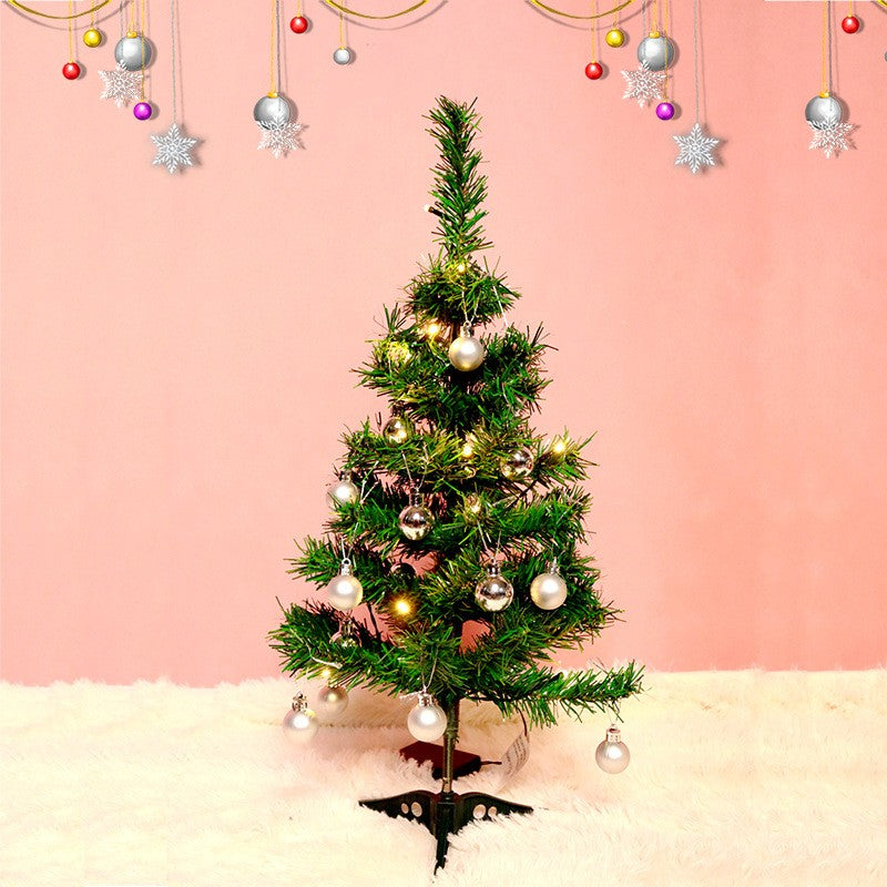 Brad Artificial Impodobit, 60 cm, suport plastic cu instalatie luminoasa 20 LED alb cald + 20 globuri argintii incluse, Kadeny