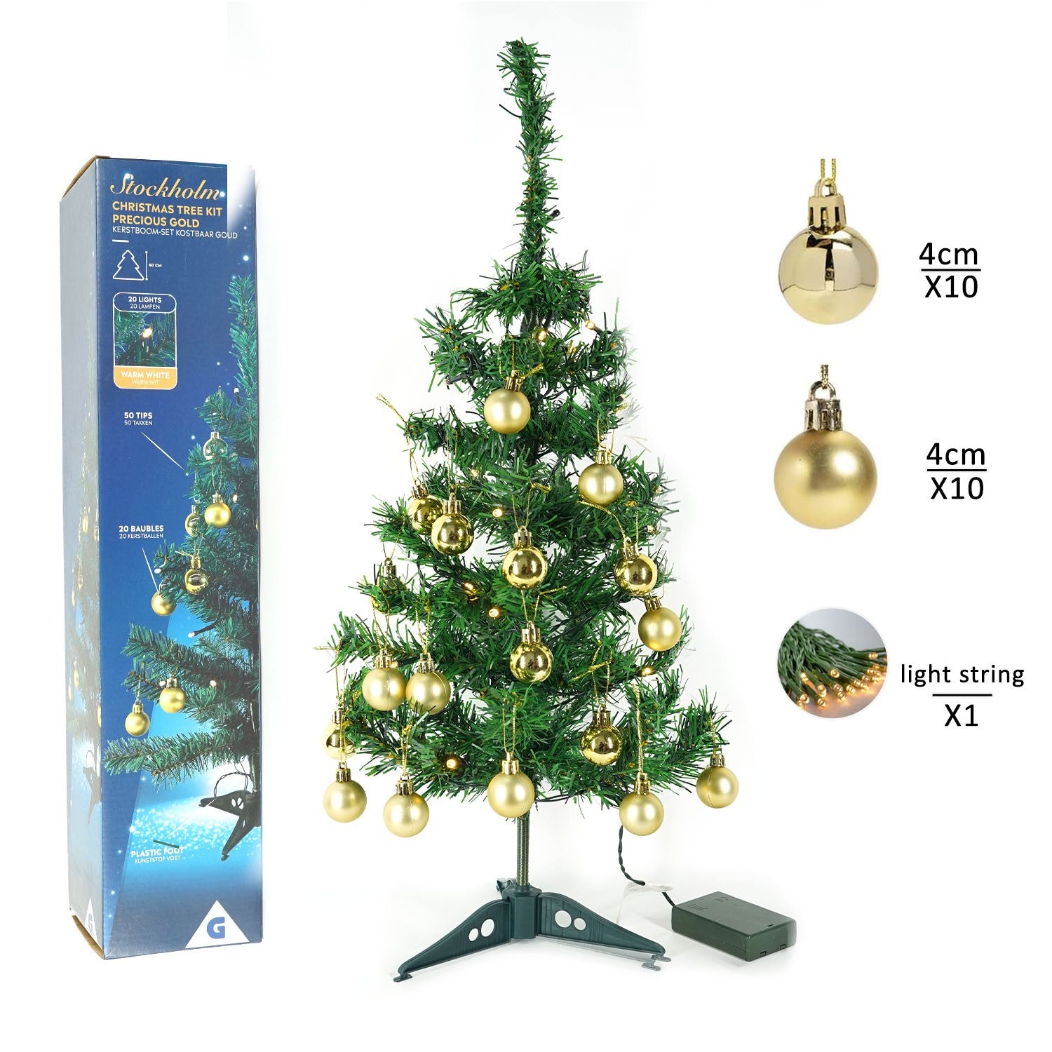 Brad Artificial Impodobit, 60 cm, suport plastic, cu instalatie luminoasa 20 LED alb cald + 20 globuri aurii incluse, Kadeny