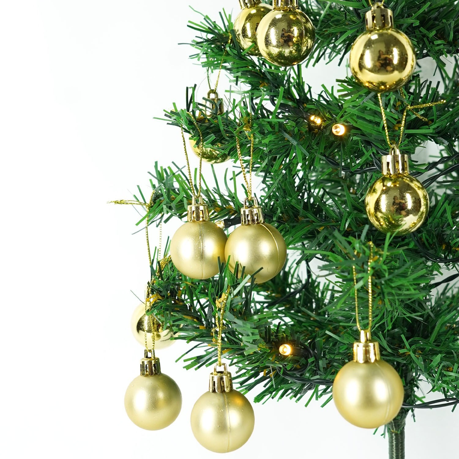 Brad Artificial Impodobit, 60 cm, suport plastic, cu instalatie luminoasa 20 LED alb cald + 20 globuri aurii incluse, Kadeny