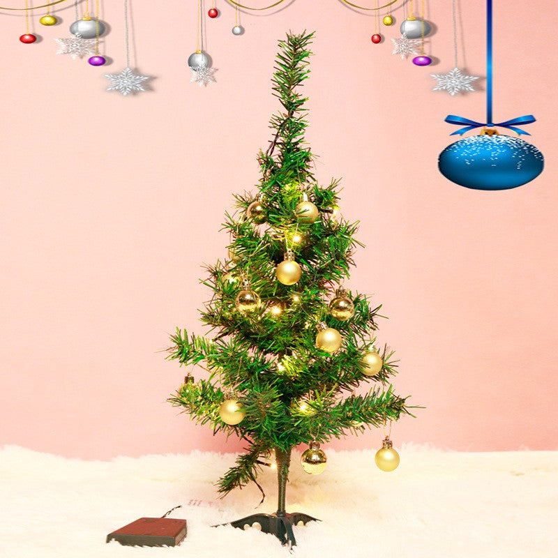 Brad Artificial Impodobit, 60 cm, suport plastic, cu instalatie luminoasa 20 LED alb cald + 20 globuri aurii incluse, Kadeny