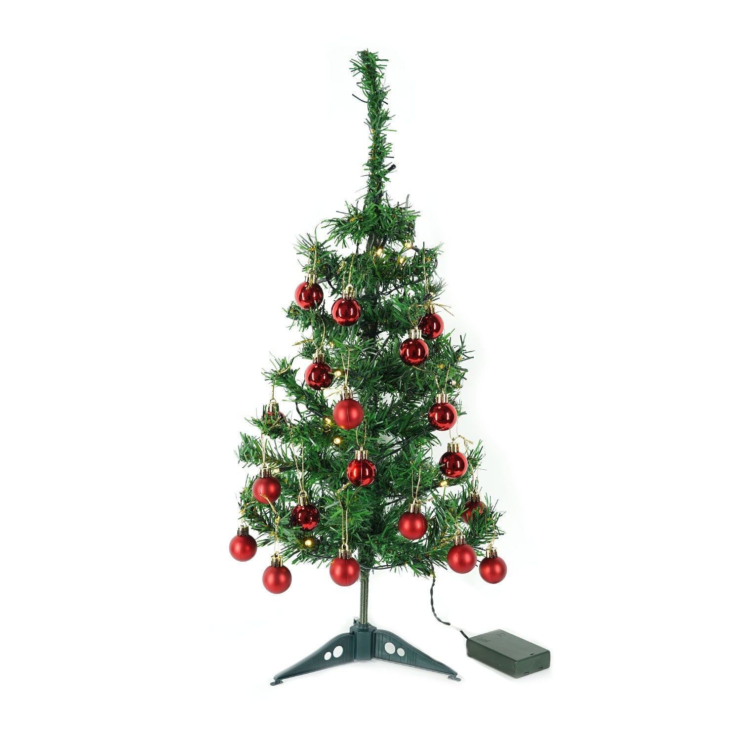 Brad Artificial Impodobit, 60 cm, suport plastic cu instalatie luminoasa 20 LED alb cald + 20 globuri rosii incluse, Kadeny