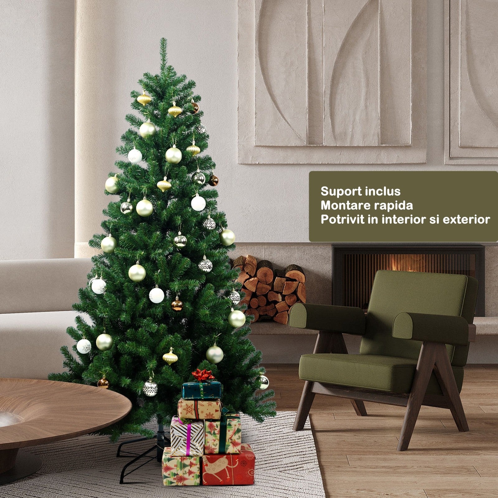 Brad de Craciun artificial cu suport inclus Kadeny, 210 cm, 800 ramuri/varfuri, material plastic, suport clasic, fara iluminare, utilizat pentru interior/exterior, verde