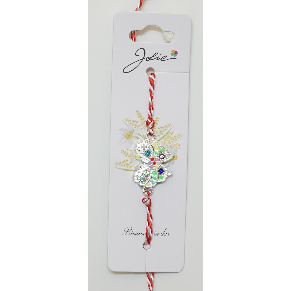 Martisor Bratara Snur Alb-Rosu, Jolie, Pandantiv Metalic, Model Fluture Pietre Colorate