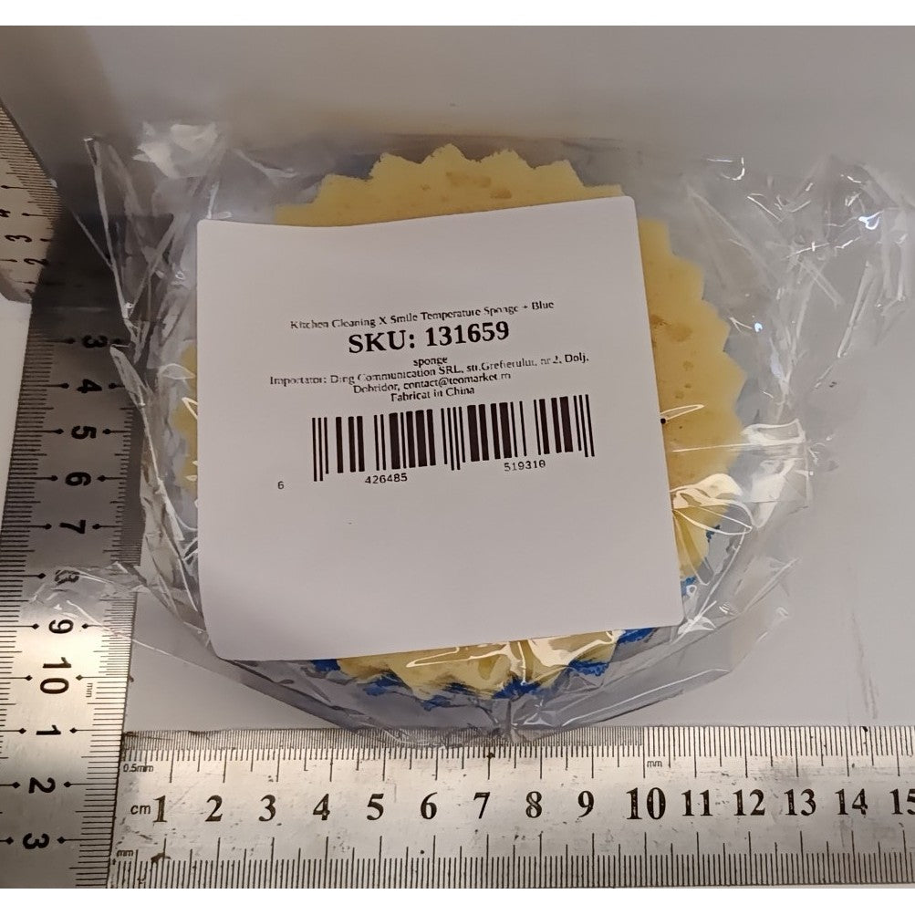 Burete de Vase, Kadeny, Rotund, din Burete PU, Model Smiley Face, Doua Fete, 10 x 4 cm, Albastru/Galben