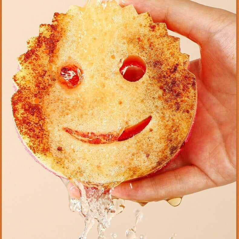 Burete de Vase, Kadeny, Rotund, din Burete PU, Model Smiley Face, Doua Fete, 10 x 4 cm, Portocaliu/Galben