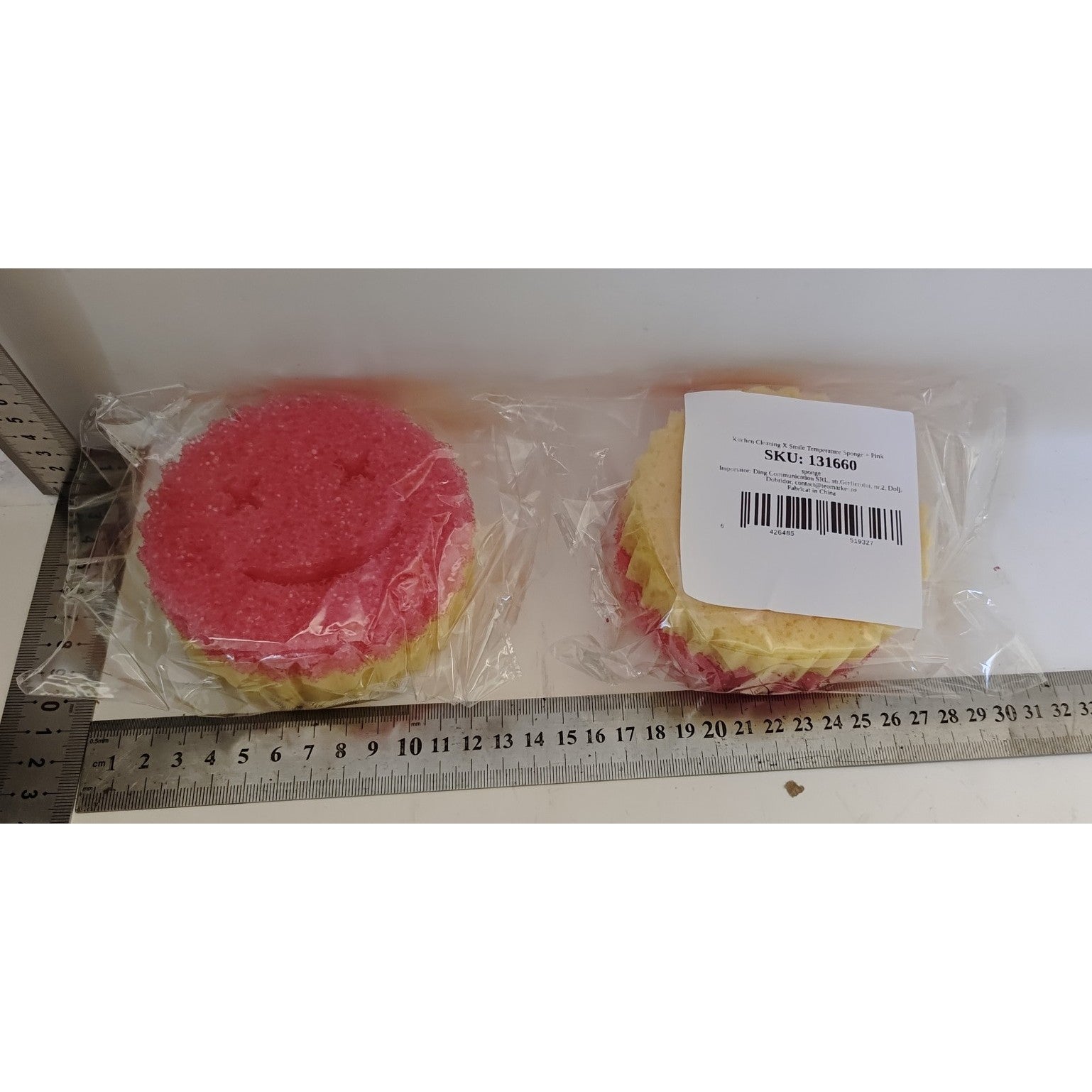 Burete de Vase, Kadeny, Rotund, din Burete PU, Model Smiley Face, Doua Fete, 10 x 4 cm, Roz/Galben