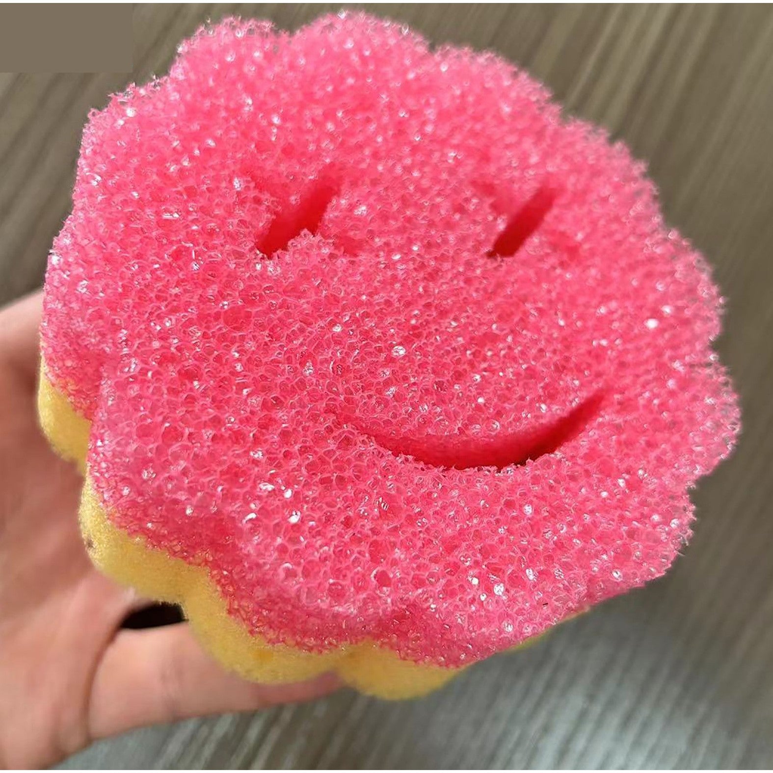 Burete de Vase, Kadeny, Rotund, din Burete PU, Model Smiley Face, Doua Fete, 10 x 4 cm, Roz/Galben