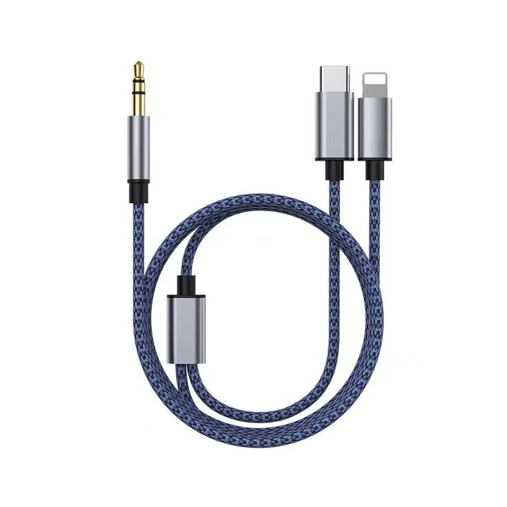 Cablu 2 in 1 Audio adaptor Jack 3.5 mm auxiliar compatibil iPhone si USB type C, Kadeny, Albastru Inchis