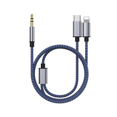 Cablu 2 in 1 Audio adaptor Jack 3.5 mm auxiliar compatibil iPhone si USB type C, Kadeny, Albastru Inchis
