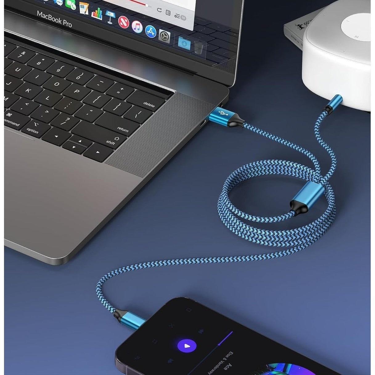 Cablu 2 in 1 Audio si Incarcare USB, Adaptor Jack 3.5 mm, Auxiliar Compatibil iPhone Kadeny, Albastru