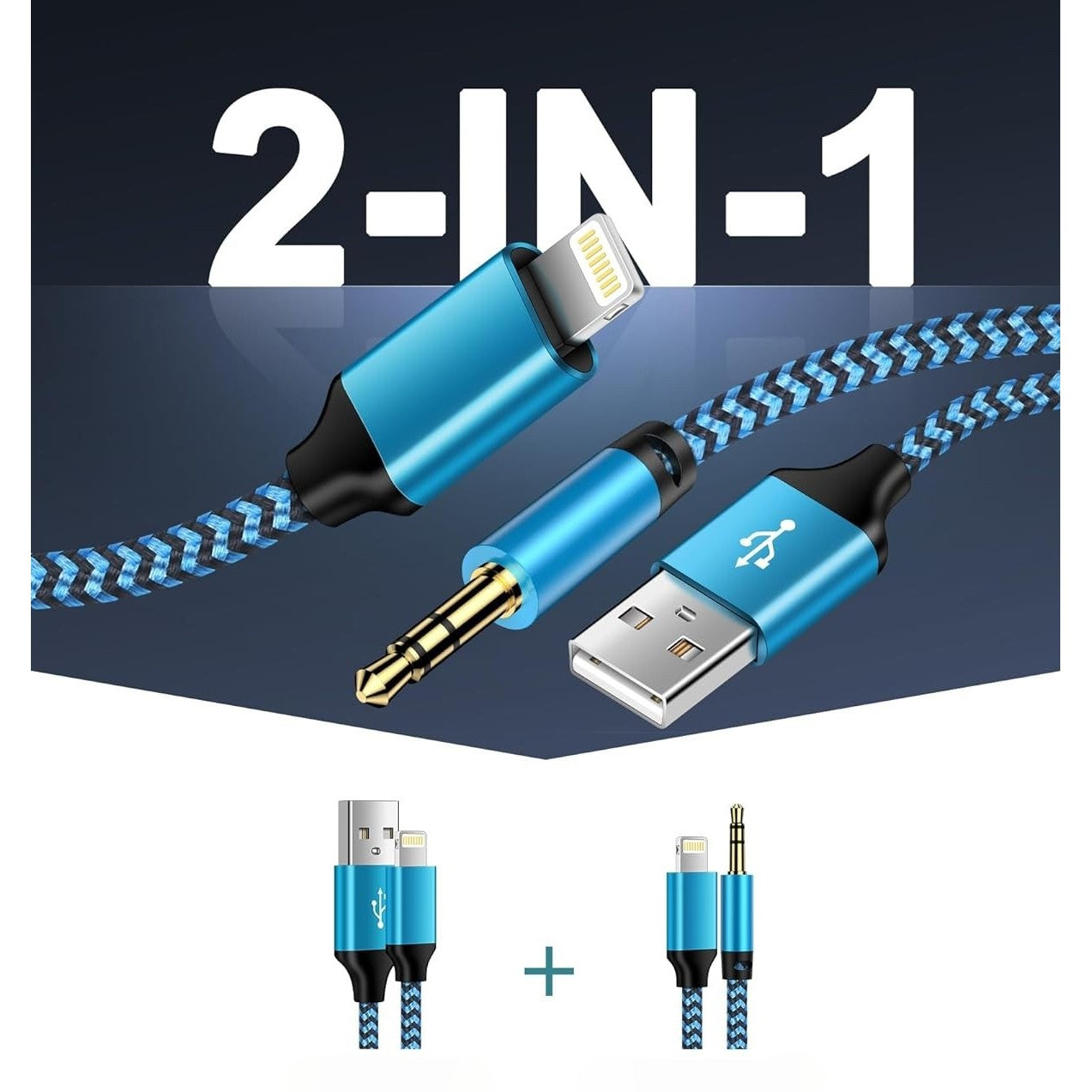 Cablu 2 in 1 Audio si Incarcare USB, Adaptor Jack 3.5 mm, Auxiliar Compatibil iPhone Kadeny, Albastru