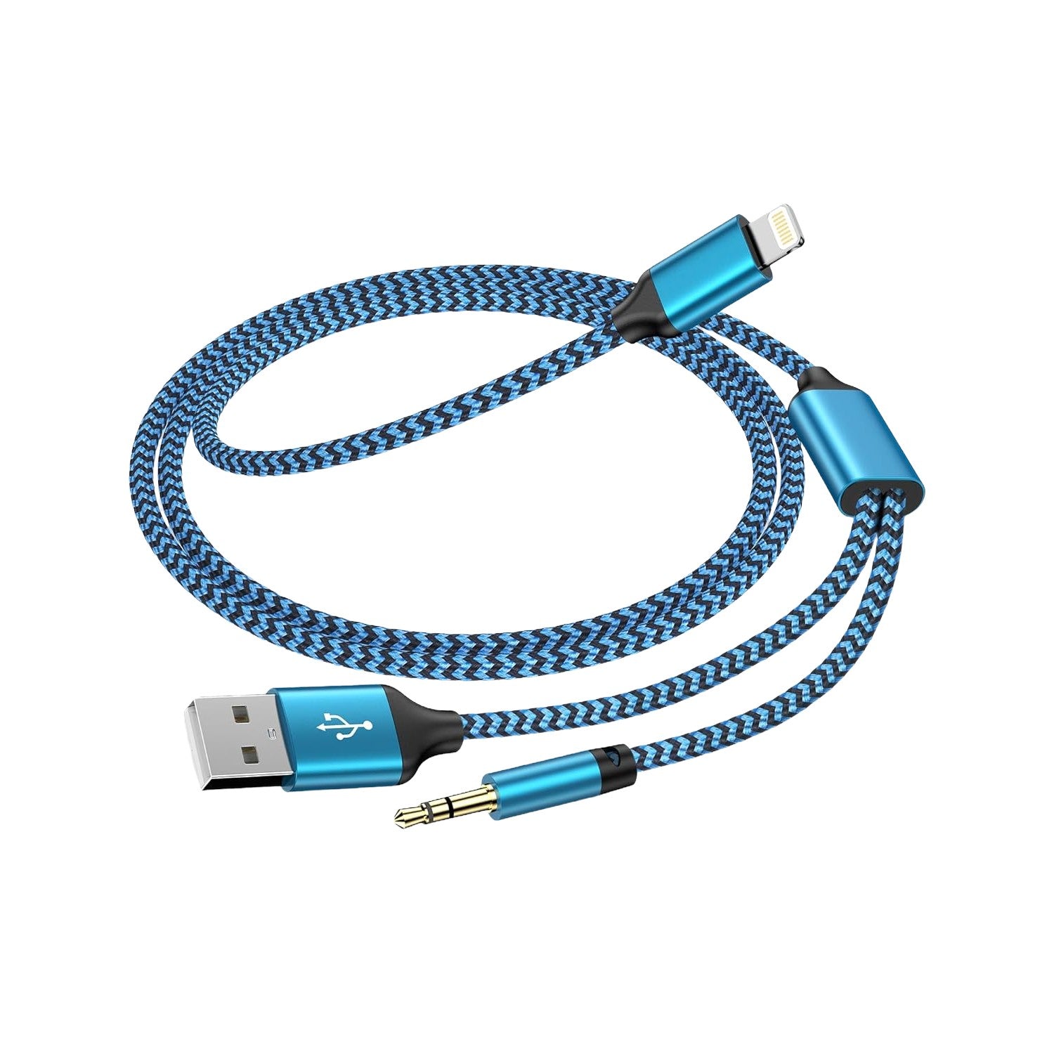 Cablu 2 in 1 Audio si Incarcare USB, Adaptor Jack 3.5 mm, Auxiliar Compatibil iPhone Kadeny, Albastru