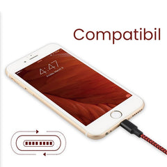 Cablu de Date pentru Telefon, Kadeny, Cablu USB spre Lightning Compatibil cu iPhone, Lungime 3 M, Impletit Triunghiular in 2 culori, Rosu Negru