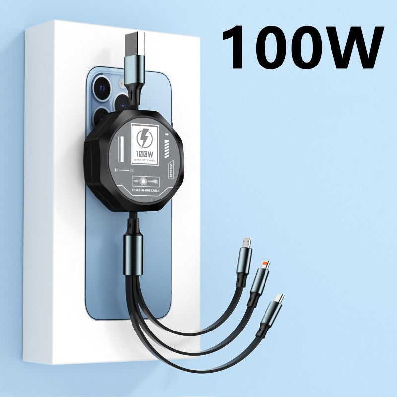 Cablu Retractabil 3in 1 pentru Telefon, Kadeny, Cablu de incarcare rapida 100W, stil Mecha, potrivit pentru Auto, Universal 1.2M, Negru