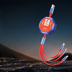 Cablu Retractabil 3in 1 pentru Telefon, Kadeny, Cablu de incarcare rapida 100W, stil Mecha, potrivit pentru Auto, Universal 1.2M, Rosu Albastru