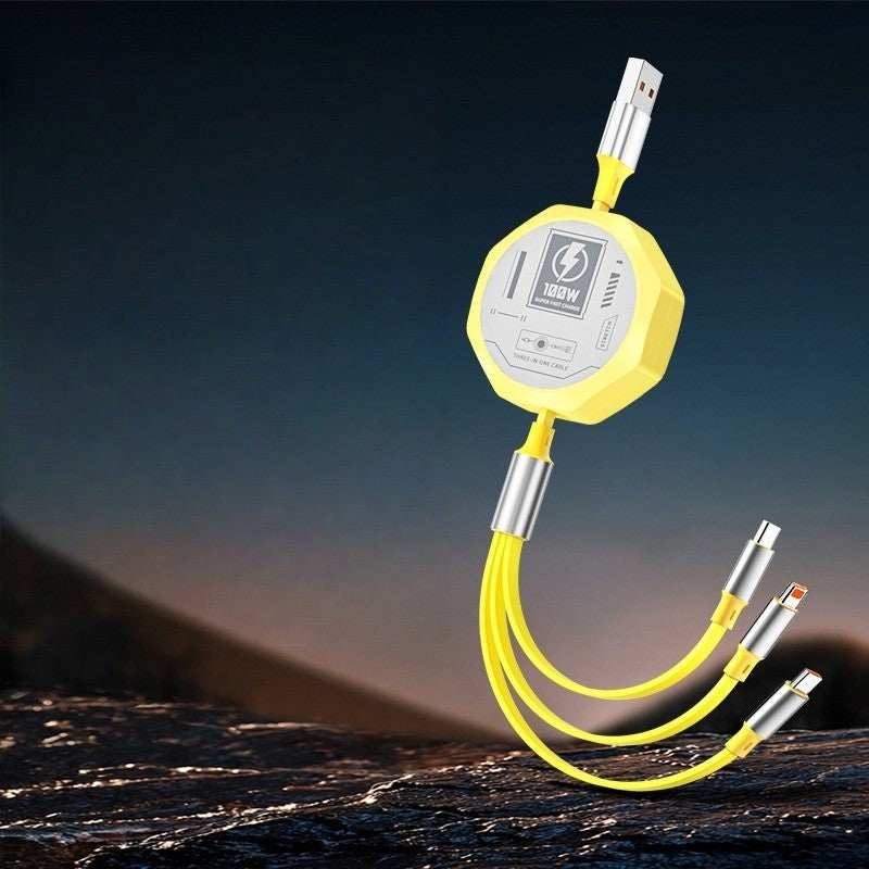 Cablu Retractabil 3in 1 pentru Telefon, Kadeny, Cablu de incarcare rapida 100W, stil Mecha, potrivit pentru Auto, Universal 1.2M, Galben