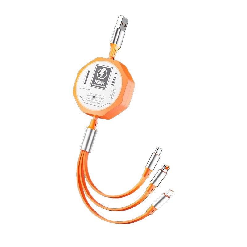 Cablu Retractabil 3in 1 pentru Telefon, Kadeny, Cablu de incarcare rapida 100W, stil Mecha, potrivit pentru Auto, Universal 1.2M, Portocaliu
