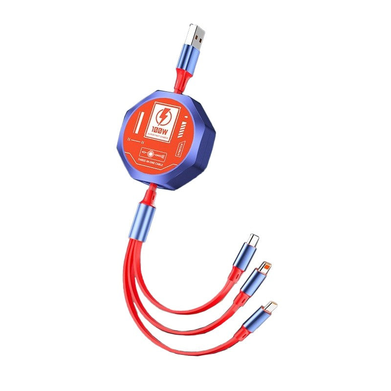 Cablu Retractabil 3in 1 pentru Telefon, Kadeny, Cablu de incarcare rapida 100W, stil Mecha, potrivit pentru Auto, Universal 1.2M, Rosu Albastru