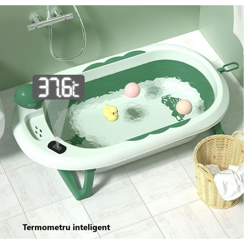Cada de Baie, Kadeny, pentru Copii 0 luni - 6 Ani, cu Termometru, Pliabila, Perna Suport Inclusa, din Plastic, 81.5 x 49 x 21.5 cm, Verde