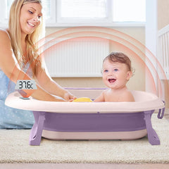 Cada de Baie, Kadeny, pentru Copii 0 luni - 6 Ani, cu Termometru, Pliabila, Perna Suport Inclusa, din Plastic, 81.5 x 49 x 21.5 cm, Mov