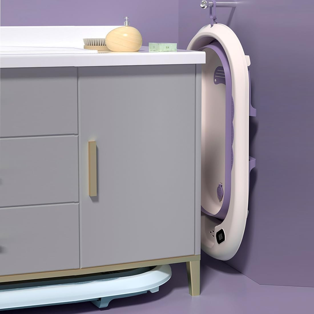 Cada de Baie, Kadeny, pentru Copii 0 luni - 6 Ani, cu Termometru, Pliabila, Perna Suport Inclusa, din Plastic, 81.5 x 49 x 21.5 cm, Mov