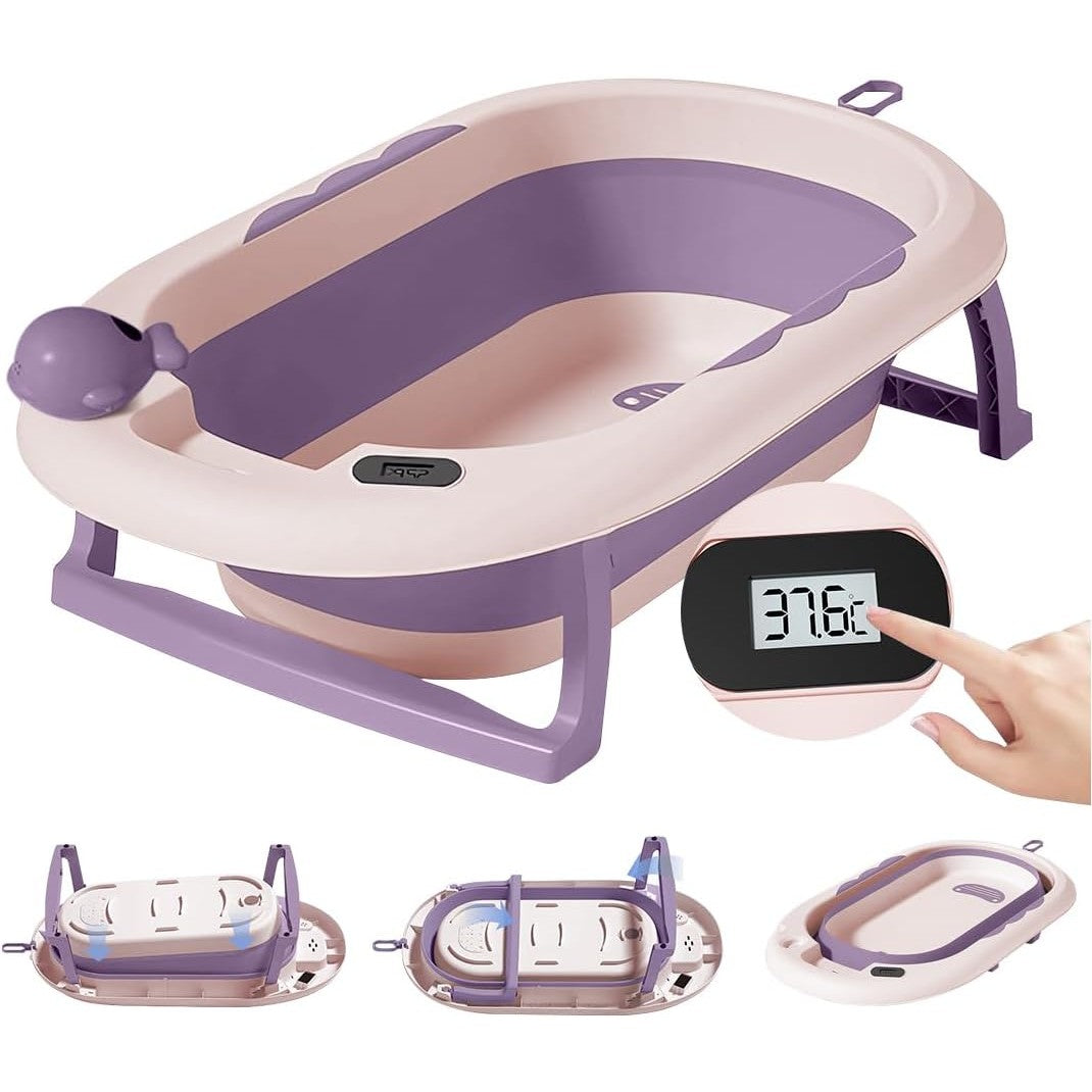 Cada de Baie, Kadeny, pentru Copii 0 luni - 6 Ani, cu Termometru, Pliabila, Perna Suport Inclusa, din Plastic, 81.5 x 49 x 21.5 cm, Mov