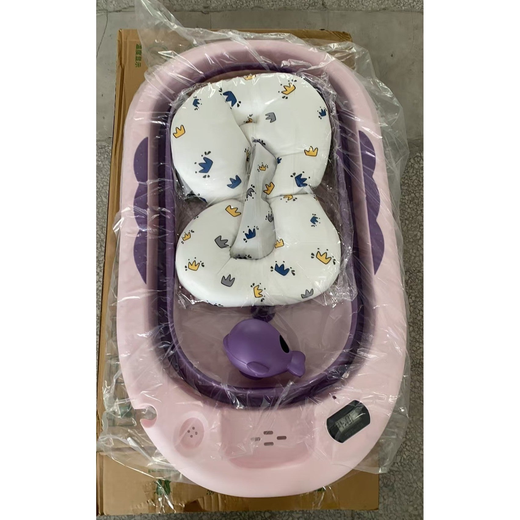 Cada de Baie, Kadeny, pentru Copii 0 luni - 6 Ani, cu Termometru, Pliabila, Perna Suport Inclusa, din Plastic, 81.5 x 49 x 21.5 cm, Mov