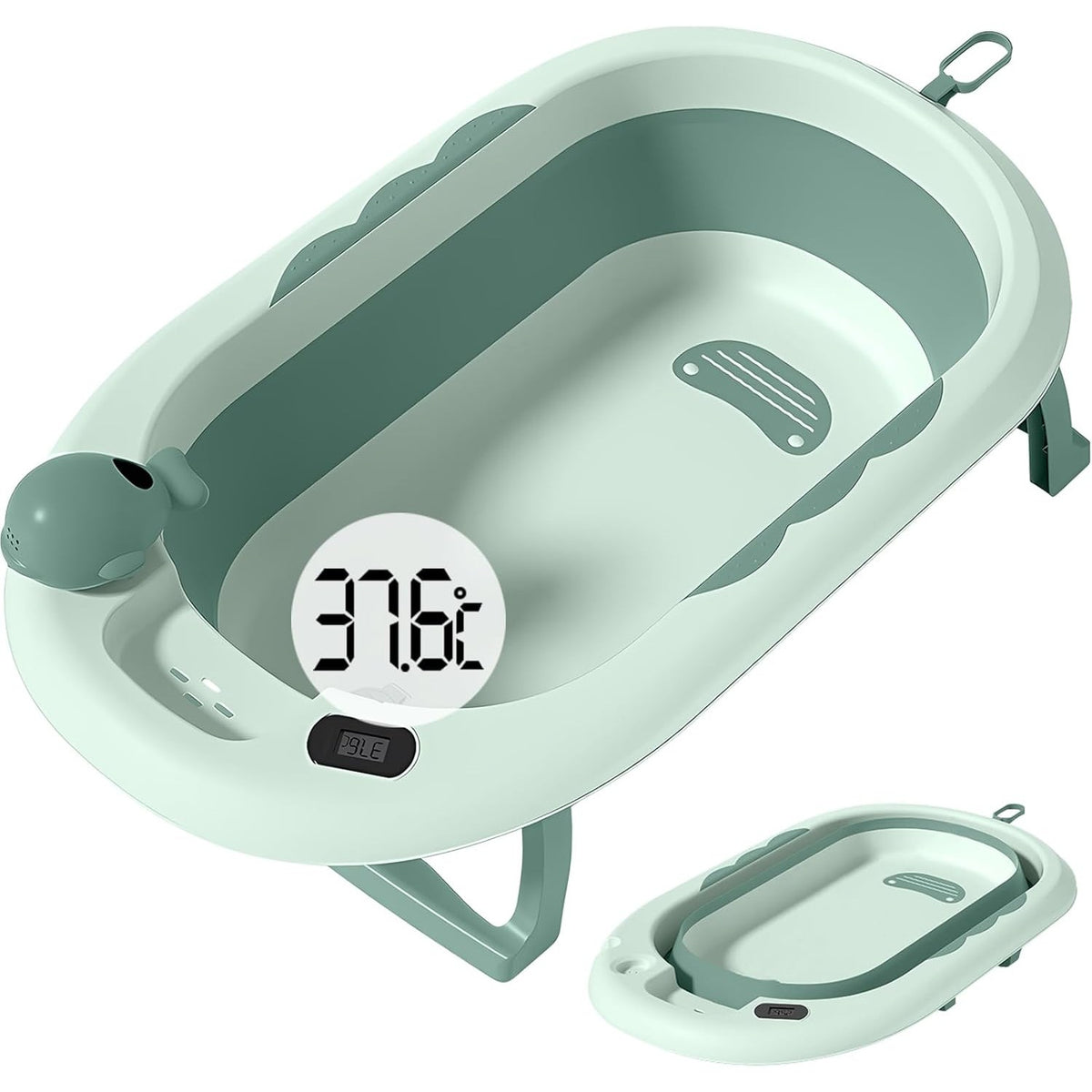 Cada de Baie, Kadeny, pentru Copii 0 luni - 6 Ani, cu Termometru, Pliabila, Perna Suport Inclusa, din Plastic, 81.5 x 49 x 21.5 cm, Verde