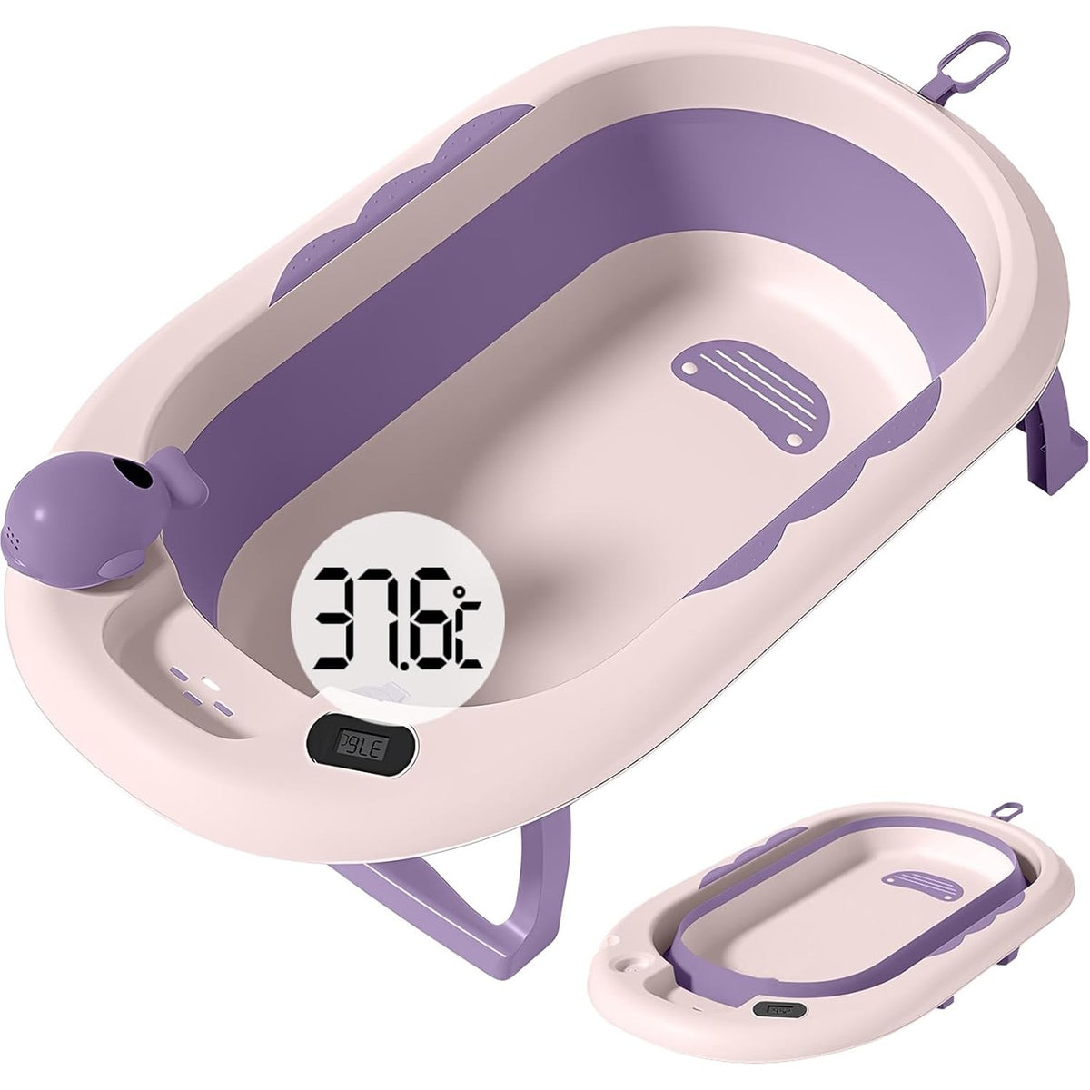 Cada de Baie, Kadeny, pentru Copii 0 luni - 6 Ani, cu Termometru, Pliabila, Perna Suport Inclusa, din Plastic, 81.5 x 49 x 21.5 cm, Mov