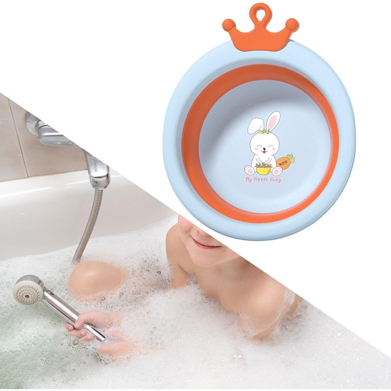 Cada Pliabila pentru Baie pentru Copii, Kadeny, Cadita pentru Bebelusi, Model Rotund cu Iepuras, Blue, 30x31x3.5 cm, 3.3 L