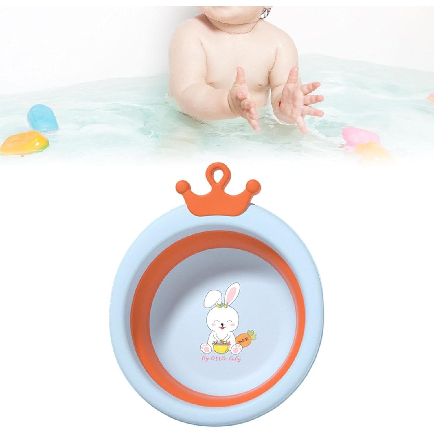 Cada Pliabila pentru Baie pentru Copii, Kadeny, Cadita pentru Bebelusi, Model Rotund cu Iepuras, Blue, 30x31x3.5 cm, 3.3 L