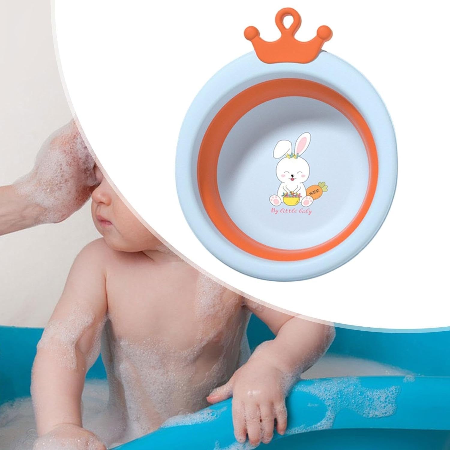 Cada Pliabila pentru Baie pentru Copii, Kadeny, Cadita pentru Bebelusi, Model Rotund cu Iepuras, Blue, 30x31x3.5 cm, 3.3 L