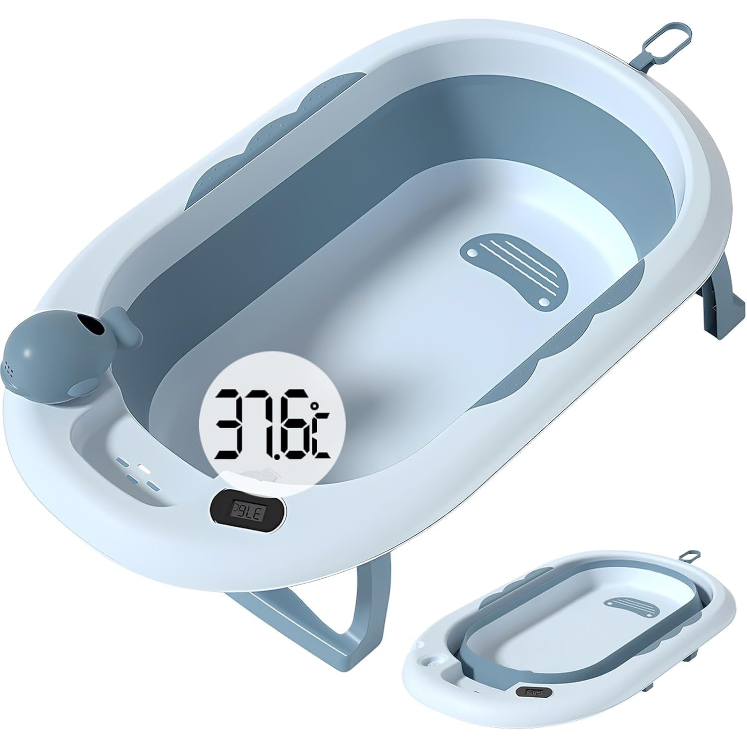 Cada de Baie, Kadeny, pentru Copii 0 luni - 6 Ani, cu Termometru, Pliabila, Perna Suport Inclusa, din Plastic, 81.5 x 49 x 21.5 cm, Albastru