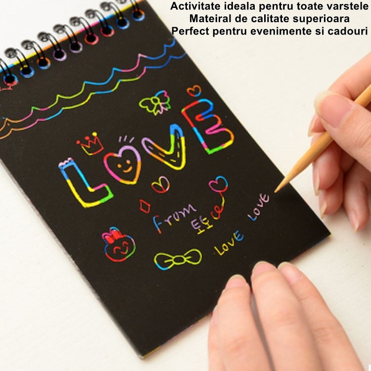 Caiet cu fise razuibile Kaveny, DIY Magic Scratch, 12 File, Curcubeu, Creion din Lemn, Cartonase negre, Verde Deschis, 14.2 x 9.8 cm