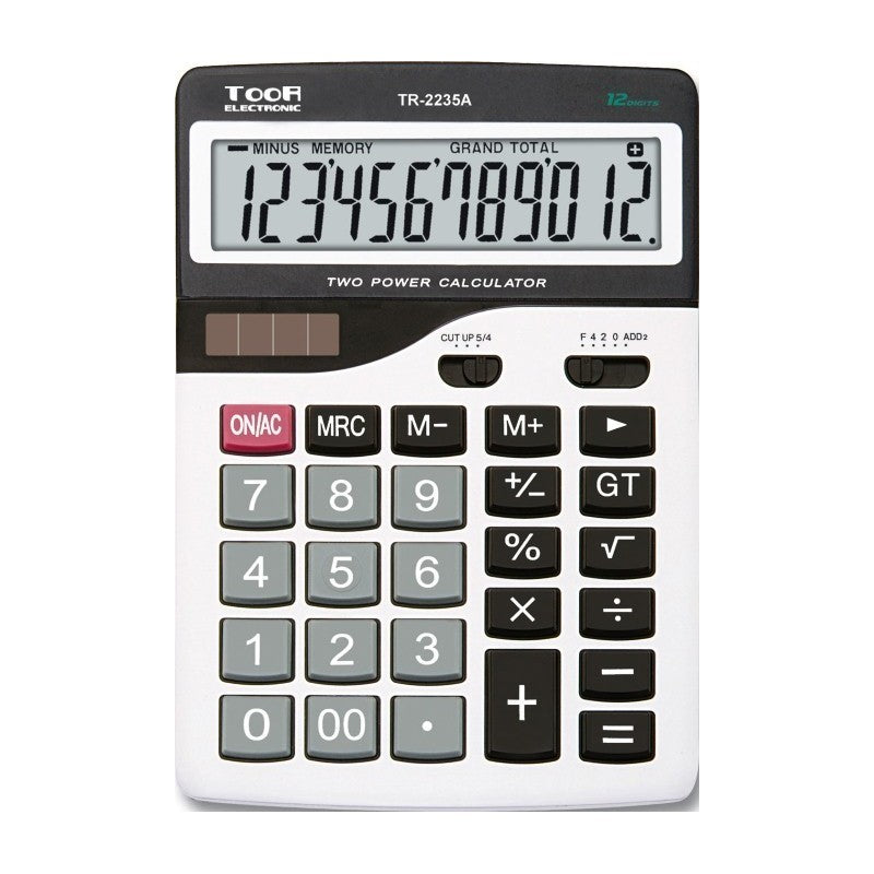 Calculator de birou Toor TR-2235A 120-1451, 12 digiti, alimentare baterie + solar, ecran inclinat, gri