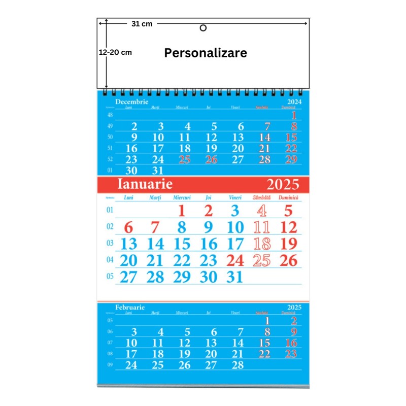 Calendar triptic de perete Unicart, A3, cu cursor, cu spira