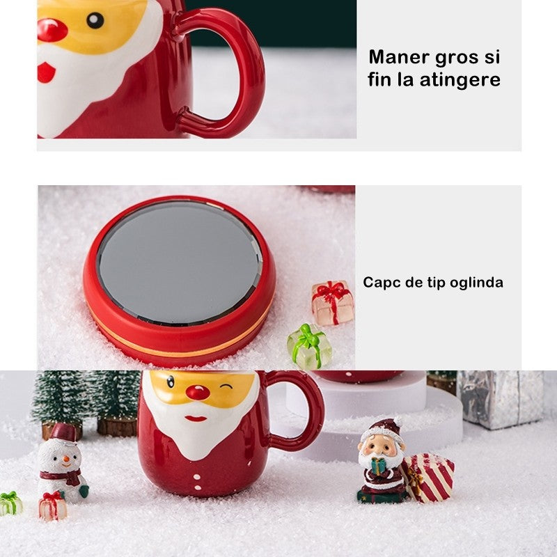 Cana Ceramica tematica Mos Craciun Kaveny, 430 ml, capac tip oglinda, ambalaj cadou inclus, fete random, 8 x 11.5, rosu
