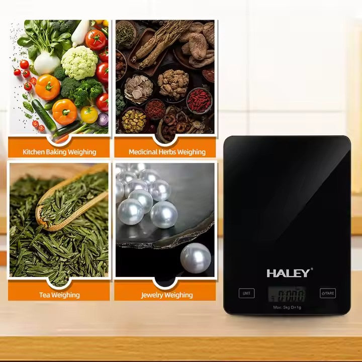 Cantar Electronic HALEY, 5000G, din Sticla, pentru Bucatarie, Digitala de Inalta Precizie, Negru