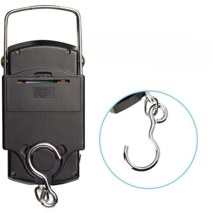 Cantar Digital de Mana cu Carlig, Kadeny, Cantar Portabil, Pescuit, cu Maner, Capacitate 50 kg, cu Metru Incorporat, 20.5 x 6 x 2.5 cm, Negru