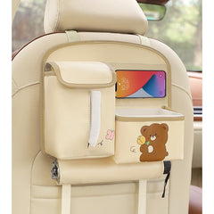 Geanta Multifunctionala de Depozitare, Kadeny, pentru Bancheta din Spate a Masinii, Animat, Model Ursuleti, Scris Good Day, Suport Servetele si Telefon, 25x31 cm, Bej