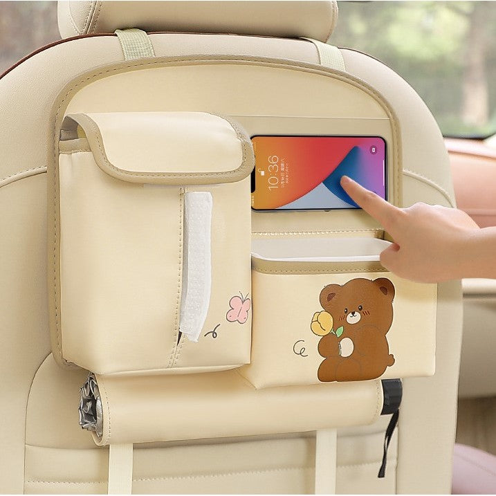 Geanta Multifunctionala de Depozitare, Kadeny, pentru Bancheta din Spate a Masinii, Animat, Model Ursuleti, Scris Good Day, Suport Servetele si Telefon, 25x31 cm, Bej