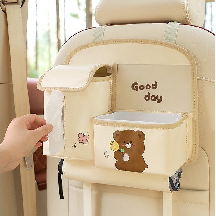 Geanta Multifunctionala de Depozitare, Kadeny, pentru Bancheta din Spate a Masinii, Animat, Model Ursuleti, Scris Good Day, Suport Servetele si Telefon, 25x31 cm, Bej